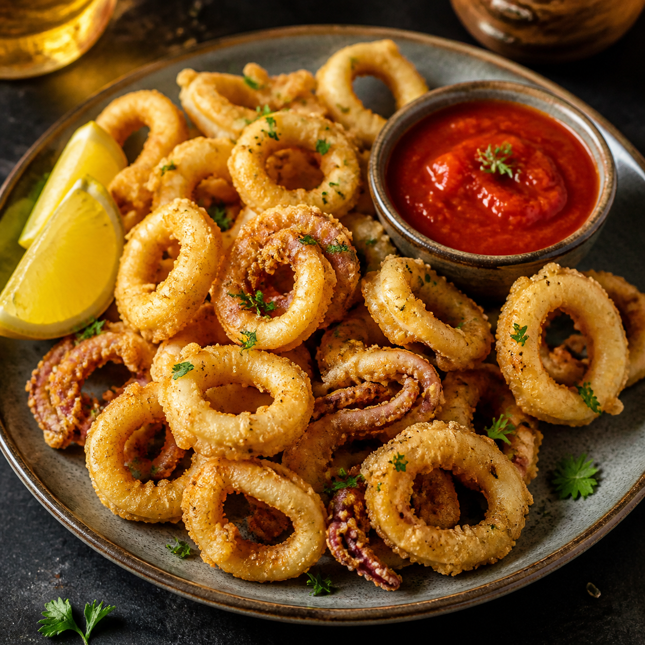 Crisp calamari with lemon and marinara