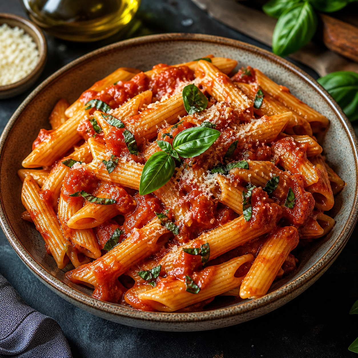 Penne pasta with tomato marinara