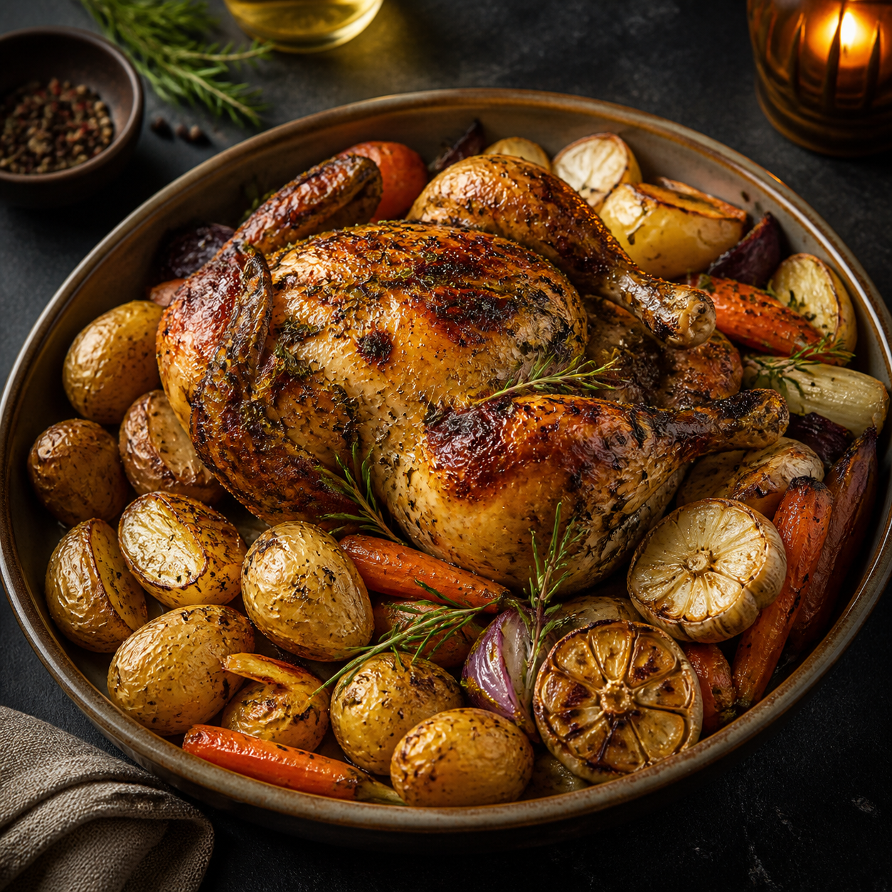 Roasted chicken with garlic vegetables and baby potatoes