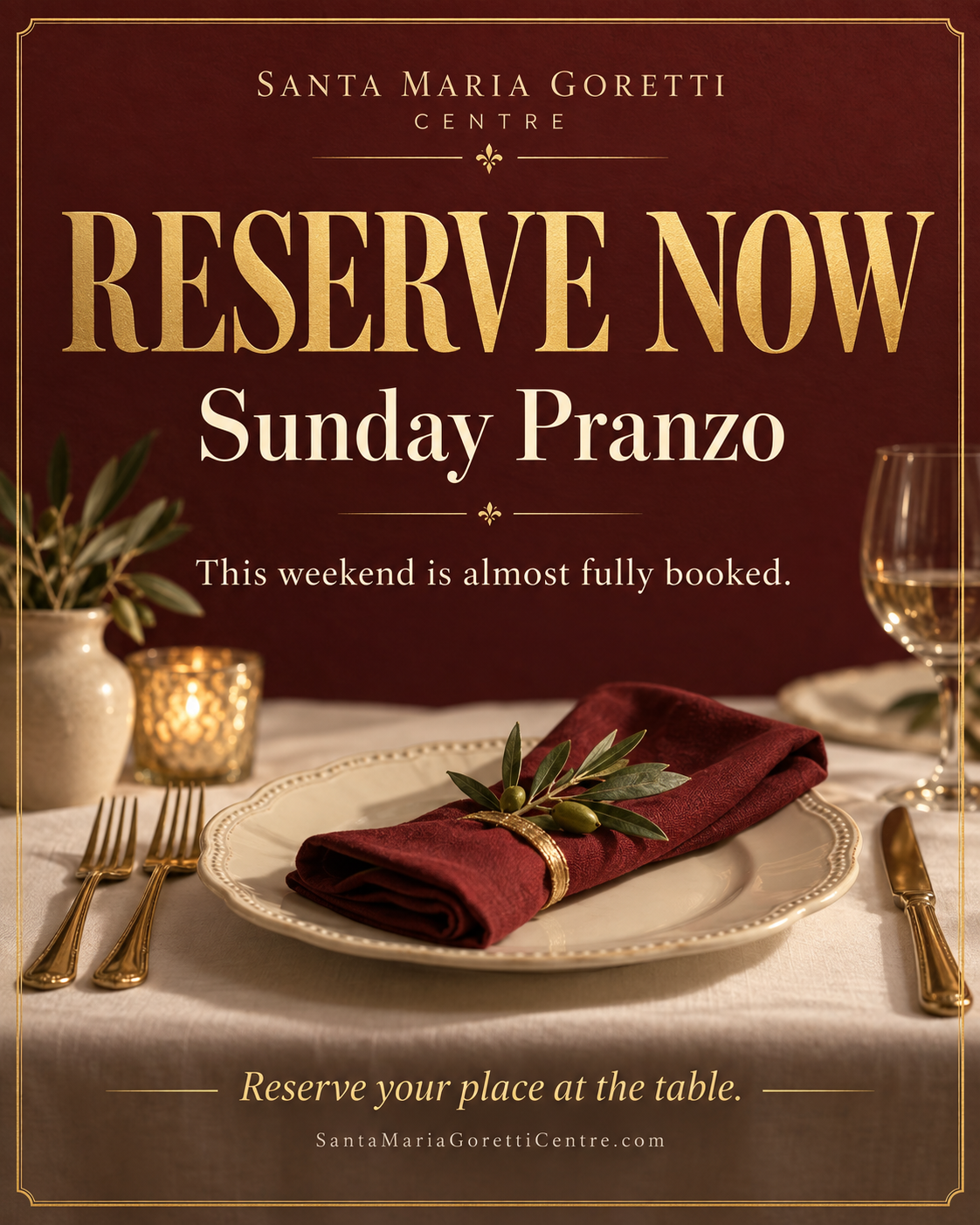 Santa Maria Goretti Centre — Reserve Now, Sunday Pranzo, this weekend is almost fully booked